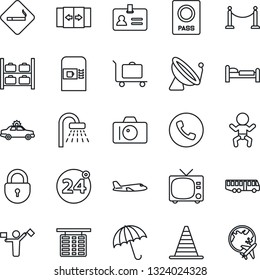 Thin Line Icon Set - dispatcher vector, satellite antenna, fence, baggage trolley, airport bus, 24 around, coffee machine, automatic door, umbrella, phone, smoking place, tv, alarm car, baby, bed