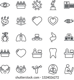 Thin Line Icon Set - dispatcher vector, pedestal, brainstorm, meeting, manager place, heart, hand, stomach, lungs, tooth, eye, hospital, virus, client, company, hierarchy, man with notebook