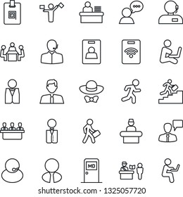 Thin Line Icon Set - dispatcher vector, passport control, reception, medical room, speaking man, run, support, speaker, identity card, manager desk, meeting, career ladder, estate agent, waiter