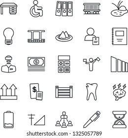 Thin Line Icon Set - dispatcher vector, calculator, desk, brainstorm, bulb, pond, disabled, caries, doctor, patient, railroad, cash, container, up side sign, sorting, film frame, low battery, pen