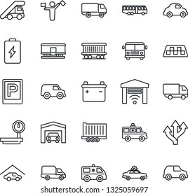 Thin Line Icon Set - dispatcher vector, taxi, airport bus, parking, alarm car, ladder, ambulance, route, railroad, truck trailer, delivery, heavy scales, garage, gate control, battery