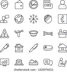 Thin Line Icon Set - dispatcher vector, baggage conveyor, no smoking, bed, hierarchy, pen, manager place, statistic monitor, house, shield, network, dialog, speaker, user, news, cafe building, steak