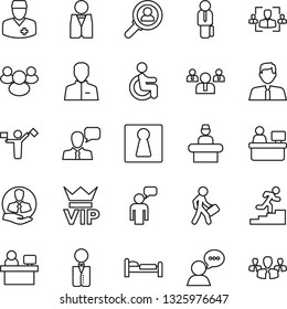 Thin Line Icon Set - dispatcher vector, female, vip, reception, bed, speaking man, team, manager place, disabled, doctor, client, speaker, group, user, hr, career ladder, estate agent, waiter