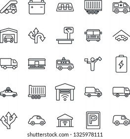Thin Line Icon Set - dispatcher vector, taxi, airport bus, parking, alarm car, ladder, ambulance, route, truck trailer, delivery, heavy scales, railroad, garage, gate control, battery