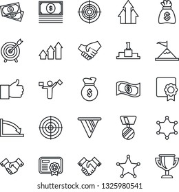 Thin Line Icon Set - dispatcher vector, handshake, medal, money bag, cash, finger up, sertificate, target, police, arrow graph, motivation, pennon, crisis, certificate, pedestal, award cup