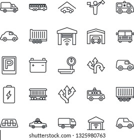 Thin Line Icon Set - dispatcher vector, taxi, airport bus, parking, alarm car, ambulance, route, railroad, truck trailer, delivery, heavy scales, garage, gate control, battery