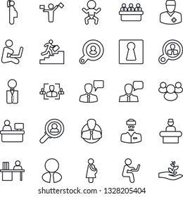 Thin Line Icon Set - dispatcher vector, female, baby, reception, speaking man, meeting, manager place, doctor, pregnancy, client, speaker, group, hr, desk, career ladder, search, estate agent