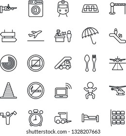 Thin Line Icon Set - dispatcher vector, runway, taxi, departure, barrier, spoon and fork, passport control, train, umbrella, escalator, alarm clock, no laptop, smoking, signpost, wireless notebook
