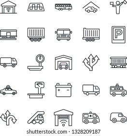Thin Line Icon Set - dispatcher vector, taxi, airport bus, parking, alarm car, ladder, ambulance, route, railroad, truck trailer, delivery, heavy scales, garage, gate control, battery