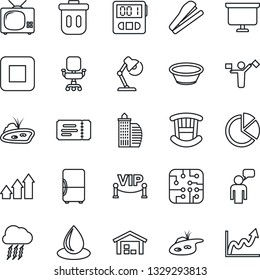Thin Line Icon Set - dispatcher vector, ticket, storm cloud, speaking man, presentation board, water drop, stop button, stopwatch, pie graph, office chair, desk lamp, stapler, pond, warehouse, tv