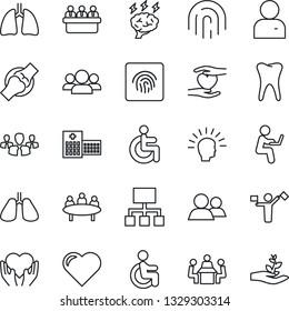 Thin Line Icon Set - dispatcher vector, brainstorm, meeting, heart, disabled, hand, lungs, tooth, joint, hospital, group, user, fingerprint id, shining head, hierarchy, man with notebook