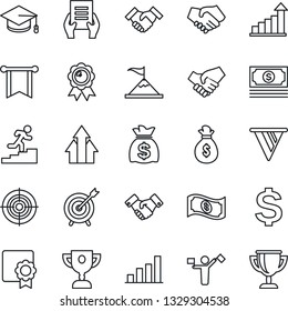 Thin Line Icon Set - dispatcher vector, handshake, growth statistic, dollar sign, medal, graduate, money bag, document, cash, sertificate, bar graph, target, career ladder, arrow up, motivation
