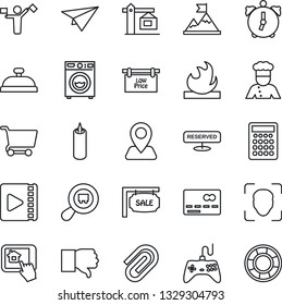Thin Line Icon Set - dispatcher vector, credit card, navigation, flammable, search cargo, gamepad, finger down, alarm, face id, video, paper clip, sale, low price signboard, washer, crane, cook