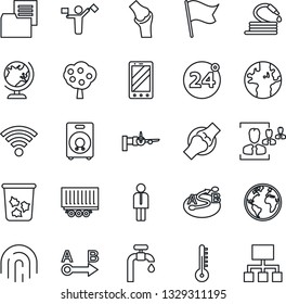 Thin Line Icon Set - dispatcher vector, 24 around, trash bin, globe, boarding, manager, mobile phone, hose, joint, earth, truck trailer, folder document, route, speaker, wireless, fingerprint id, hr