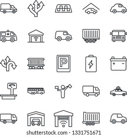 Thin Line Icon Set - dispatcher vector, taxi, airport bus, parking, alarm car, ambulance, route, railroad, truck trailer, delivery, heavy scales, garage, gate control, battery