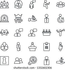 Thin Line Icon Set - dispatcher vector, female, vip, reception, speaking man, pedestal, disabled, pregnancy, client, speaker, group, identity card, hr, meeting, manager, waiter, consumer search