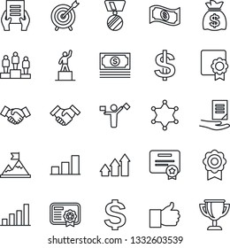 Thin Line Icon Set - dispatcher vector, handshake, dollar sign, pedestal, medal, money bag, document, cash, finger up, sertificate, bar graph, police, target, arrow, motivation, certificate
