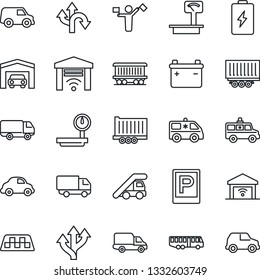 Thin Line Icon Set - dispatcher vector, taxi, airport bus, parking, ladder car, ambulance, route, railroad, truck trailer, delivery, heavy scales, garage, gate control, battery