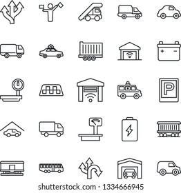 Thin Line Icon Set - dispatcher vector, taxi, airport bus, parking, alarm car, ladder, ambulance, route, railroad, truck trailer, delivery, heavy scales, garage, gate control, battery