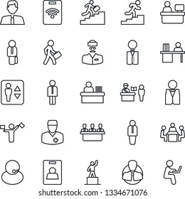 Thin Line Icon Set - dispatcher vector, passport control, elevator, manager, pedestal, place, doctor, support, client, identity card, desk, meeting, career ladder, estate agent, waiter, pass