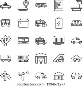 Thin Line Icon Set - dispatcher vector, taxi, airport bus, parking, alarm car, ladder, ambulance, route, railroad, truck trailer, delivery, heavy scales, garage, gate control, battery