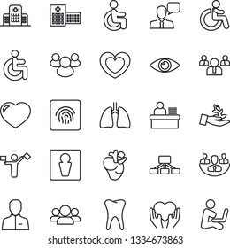 Thin Line Icon Set - dispatcher vector, male, disabled, team, heart, hand, lungs, real, tooth, eye, hospital, speaker, group, user, fingerprint id, company, manager desk, palm sproute, hierarchy