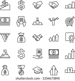 Thin Line Icon Set - dispatcher vector, handshake, growth statistic, dollar sign, medal, graduate, money bag, document, cash, sertificate, bar graph, career ladder, target, arrow up, motivation