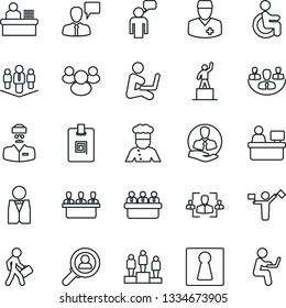 Thin Line Icon Set - dispatcher vector, female, speaking man, pedestal, meeting, manager place, disabled, doctor, client, group, company, identity card, hr, desk, waiter, cook, consumer search