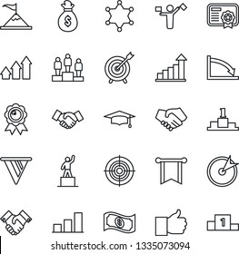 Thin Line Icon Set - dispatcher vector, handshake, growth statistic, pedestal, medal, graduate, finger up, bar graph, target, police, arrow, motivation, money bag, pennon, crisis, cash, certificate