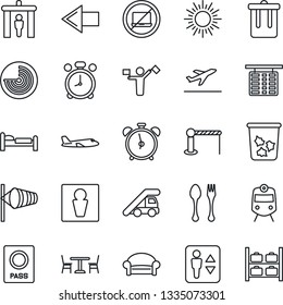 Thin Line Icon Set - dispatcher vector, departure, barrier, spoon and fork, cafe, security gate, train, elevator, alarm clock, no laptop, trash bin, male, waiting area, passport, bed, left arrow