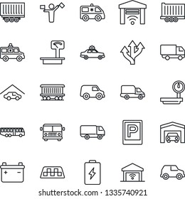 Thin Line Icon Set - dispatcher vector, taxi, airport bus, parking, alarm car, ambulance, route, railroad, truck trailer, delivery, heavy scales, garage, gate control, battery