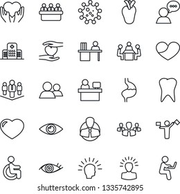 Thin Line Icon Set - dispatcher vector, meeting, manager place, disabled, heart hand, stomach, real, tooth, eye, hospital, virus, client, speaker, group, desk, company, shining head