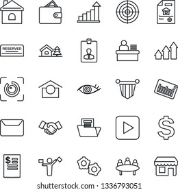 Thin Line Icon Set - dispatcher vector, handshake, gear, identity card, growth statistic, dollar sign, pennant, meeting, house, eye, warehouse storage, barcode, play button, id, document folder