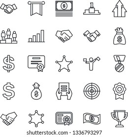 Thin Line Icon Set - dispatcher vector, handshake, dollar sign, pedestal, medal, money bag, document, sertificate, bar graph, target, police, arrow up, pennon, cash, certificate, award cup