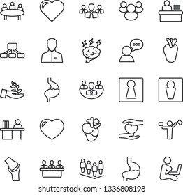 Thin Line Icon Set - dispatcher vector, male, female, team, brainstorm, meeting, heart, hand, stomach, real, joint, speaker, group, user, company, manager desk, palm sproute, hierarchy