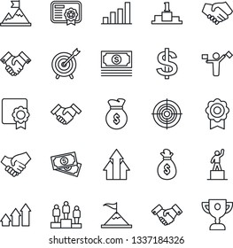Thin Line Icon Set - dispatcher vector, handshake, dollar sign, pedestal, cash, sertificate, bar graph, target, arrow up, motivation, money bag, certificate, award cup