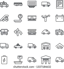 Thin Line Icon Set - dispatcher vector, airport bus, parking, alarm car, ladder, ambulance, route, railroad, truck trailer, delivery, heavy scales, garage, gate control, battery