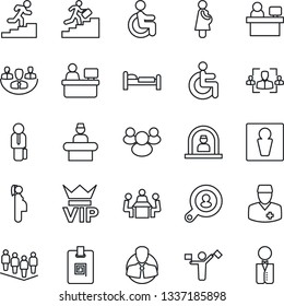 Thin Line Icon Set - dispatcher vector, male, vip, reception, bed, team, manager place, disabled, doctor, pregnancy, client, group, company, identity card, hr, meeting, career ladder, search, waiter