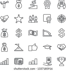 Thin Line Icon Set - dispatcher vector, dollar sign, pedestal, graduate, money bag, document, finger up, sertificate, bar graph, target, career ladder, police, motivation, handshake, crisis, cash
