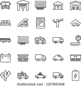 Thin Line Icon Set - dispatcher vector, taxi, airport bus, parking, alarm car, ladder, ambulance, route, railroad, truck trailer, delivery, heavy scales, garage, gate control, battery