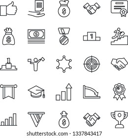 Thin Line Icon Set - dispatcher vector, handshake, growth statistic, medal, graduate, money bag, document, cash, finger up, bar graph, target, career ladder, police, pennon, crisis, certificate