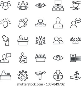 Thin Line Icon Set - dispatcher vector, team, meeting, manager place, disabled, heart hand, eye, joint, hospital, virus, client, speaker, group, user, desk, company, shining head, hierarchy