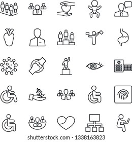 Thin Line Icon Set - dispatcher vector, baby, disabled, pedestal, team, heart hand, stomach, real, eye, joint, hospital, virus, speaker, user, fingerprint id, company, group, palm sproute, hierarchy