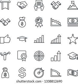 Thin Line Icon Set - dispatcher vector, handshake, growth statistic, dollar sign, medal, graduate, money bag, document, cash, finger up, sertificate, bar graph, target, police, motivation, pennon