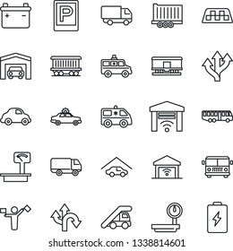 Thin Line Icon Set - dispatcher vector, taxi, airport bus, parking, alarm car, ladder, ambulance, route, railroad, truck trailer, delivery, heavy scales, garage, gate control, battery