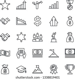 Thin Line Icon Set - dispatcher vector, growth statistic, dollar sign, pedestal, medal, graduate, money bag, document, cash, bar graph, handshake, police, arrow up, motivation, crisis, award cup