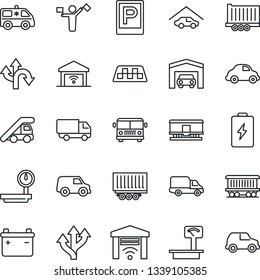Thin Line Icon Set - dispatcher vector, taxi, airport bus, parking, ladder car, ambulance, route, railroad, truck trailer, delivery, heavy scales, garage, gate control, battery
