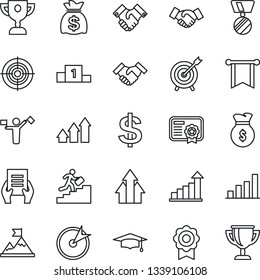 Thin Line Icon Set - dispatcher vector, handshake, growth statistic, dollar sign, medal, graduate, money bag, document, sertificate, bar graph, target, career ladder, arrow up, motivation, pennon