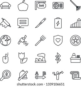 Thin Line Icon Set - dispatcher vector, waiting area, growth statistic, mouse, factory, farm fork, rake, pumpkin, scalpel, heart shield, tulip, route, satellite, message, mute, bluetooth, fan, earth