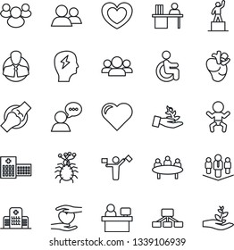 Thin Line Icon Set - dispatcher vector, baby, pedestal, brainstorm, meeting, manager place, heart, disabled, hand, real, joint, hospital, virus, client, speaker, group, desk, company, palm sproute
